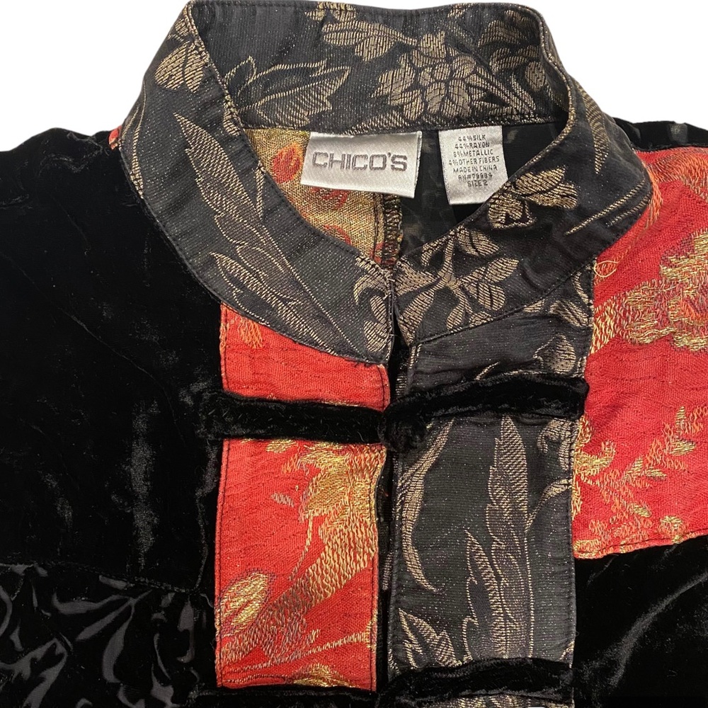 Vintage Asian Inspired Patchwork Button Down Velv… - image 2